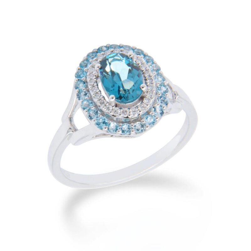 Double Halo Topaz and Diamond White Gold Ring