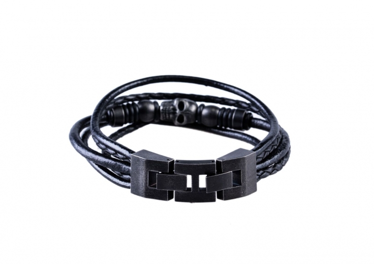 Ion Plated Antique Black Stainless Steel Skull and Multi-strand Black Leather Bracelet