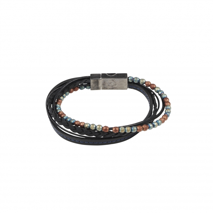 Multi-strand Black Leather and Beads Bracelet with Stainless Steel