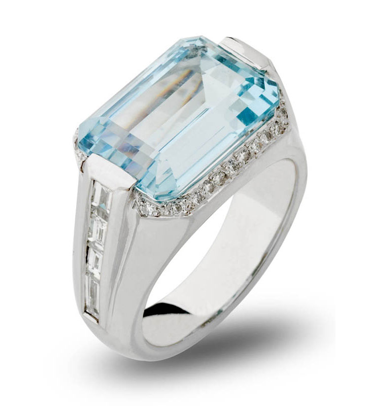 Emerald Cut Aquamarine and Diamond Ring