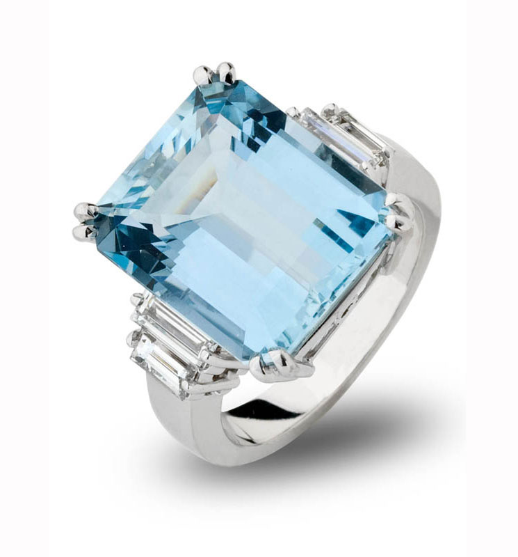 Emerald Cut Aquamarine and Baguette Diamond Five Stone Ring