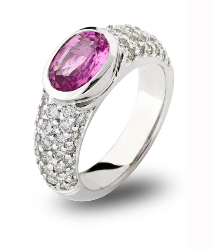 Oval Pink Sapphire and Pave Diamond Ring