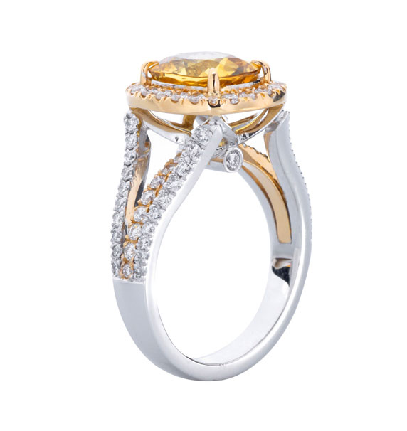 Yellow Sapphire and Diamond Halo Split Band Two Tone Ring
