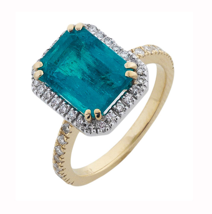 Emerald cut Emerald and Diamond Halo Two Tone Ring