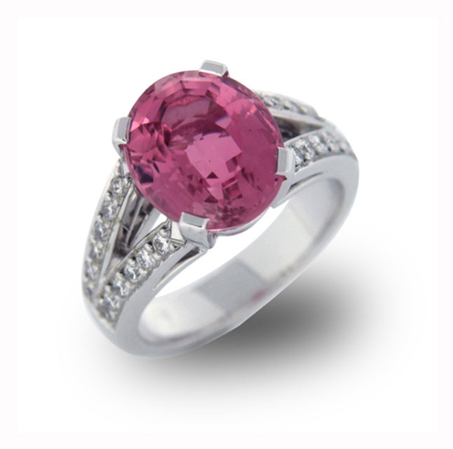 Oval Pink Tourmaline and Diamond Split Band Ring