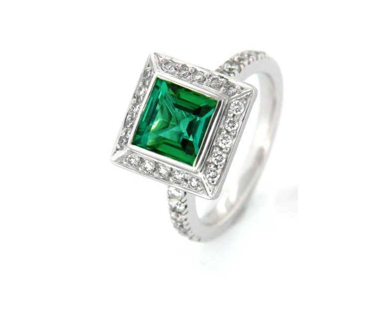 Green Tourmaline and Diamond Halo Ring