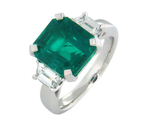 Columbian Emerald and Trapezoid Diamond Three Stone Ring