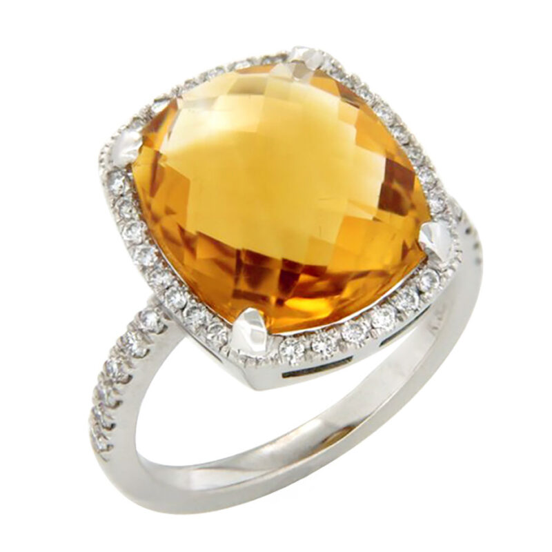 Gold Chequered Citrine with a Diamond Halo