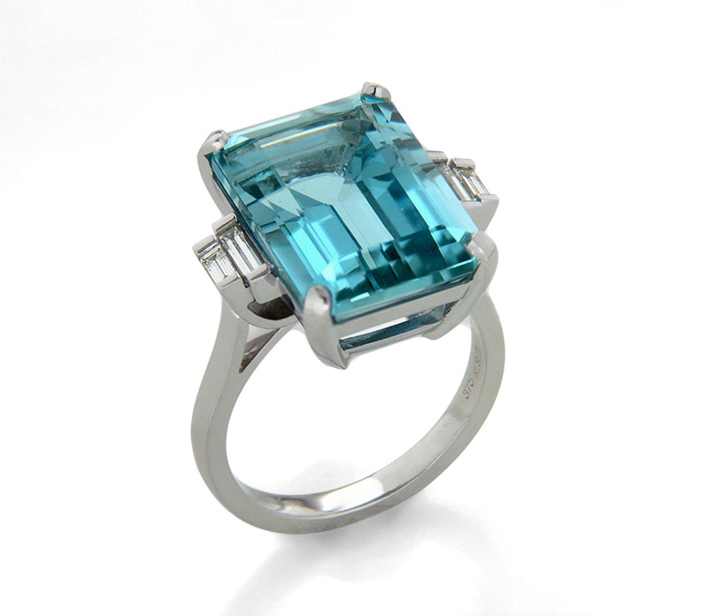 Emerald Cut Aquamarine and Baguette Diamond Five Stone Ring