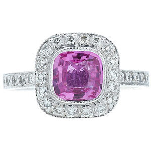 Cushion Cut Pink Sapphire and Diamond Halo Millgrain Ring