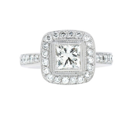 Princess Cut Diamond Halo Millgrain Ring