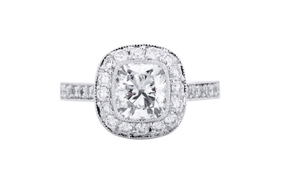 Cushion Cut Diamond Halo Millgrain Ring