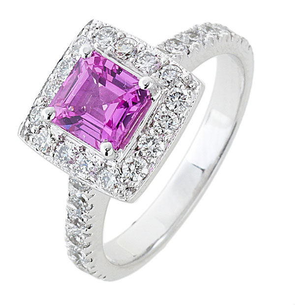 Pink Sapphire and Diamond Halo Ring