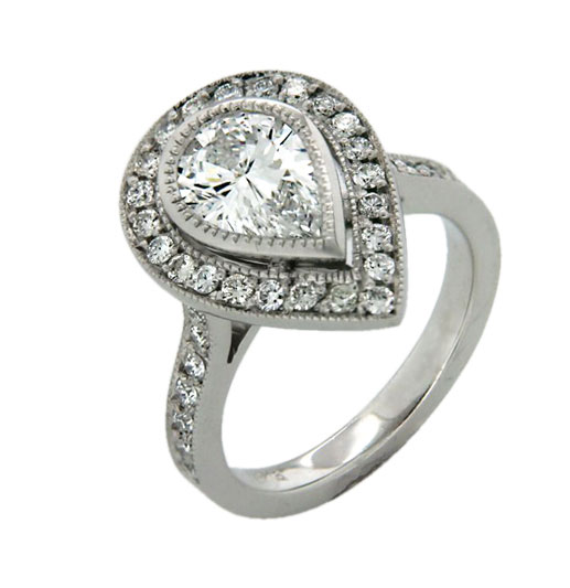 Pear Diamond Halo Millgrain Ring