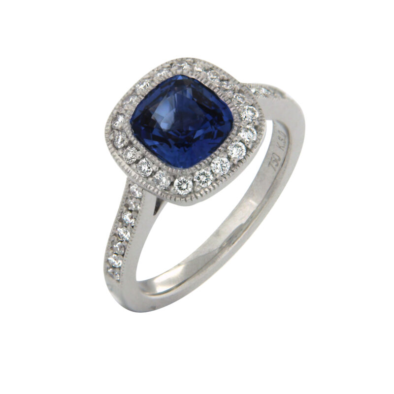 Cushion Sapphire and Diamond Halo Millgrain Ring