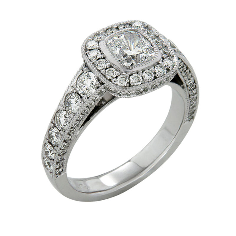 Cushion Cut Diamond Halo Millgrain Ring