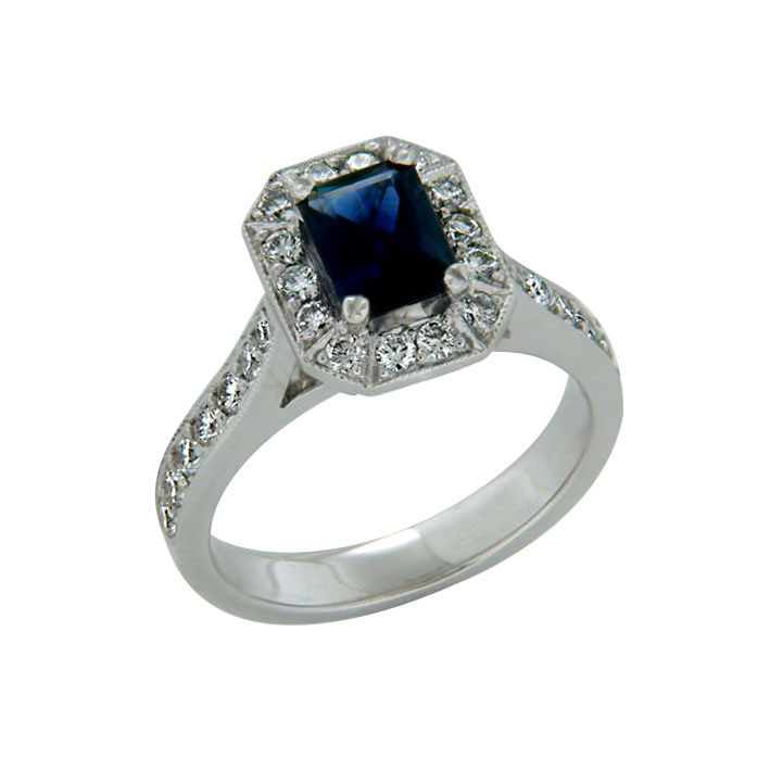 Australian Emerald Cut Sapphire Diamond Halo Ring