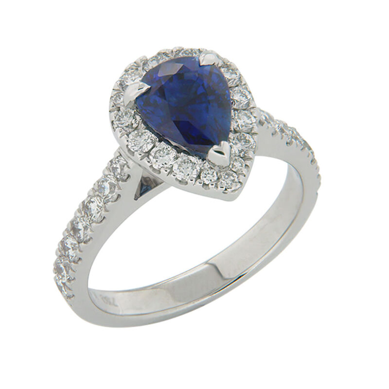 Pear Shaped Ceylon Sapphire and Diamond Halo Ring