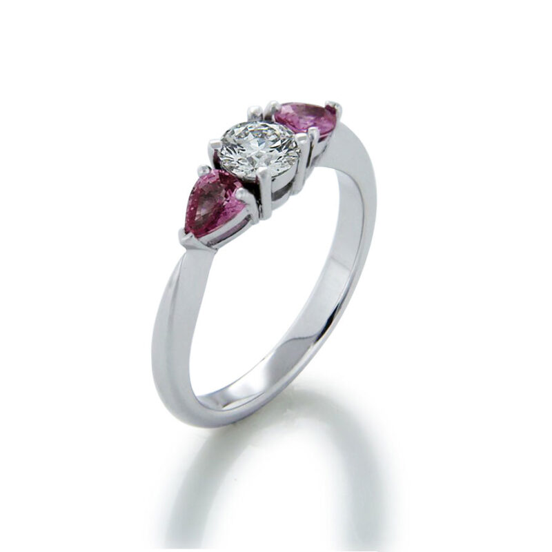 Three Stone Diamond and Pink Sapphire Ring