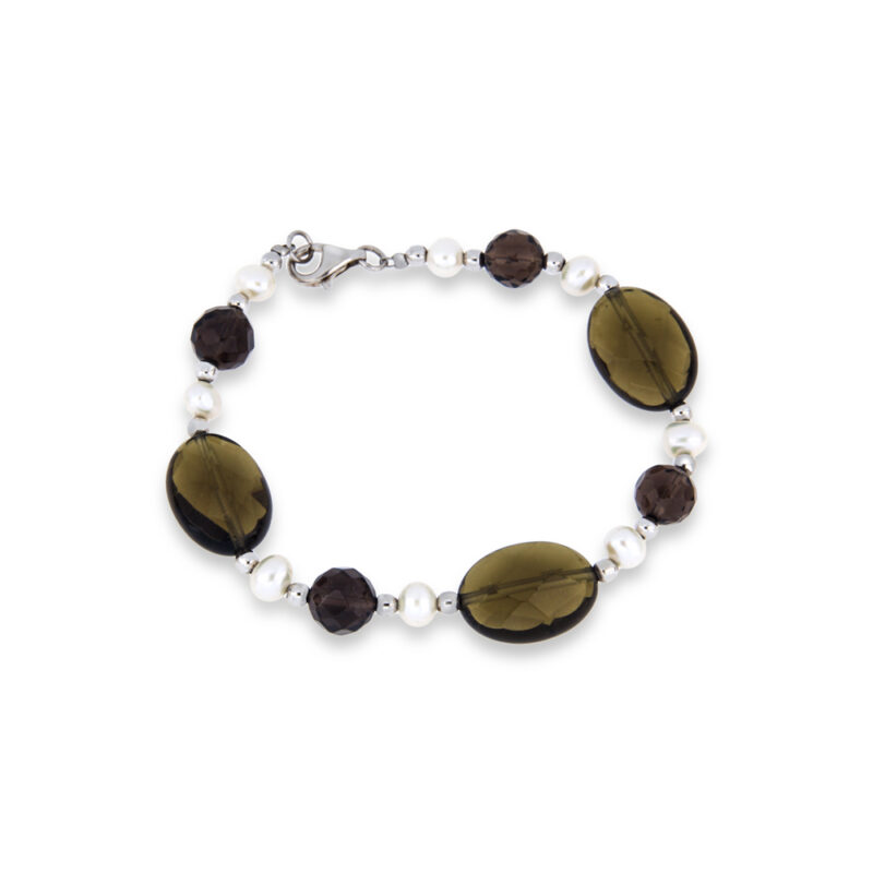 Smoky Quartz Freshwater Pearl Silver Bracelet
