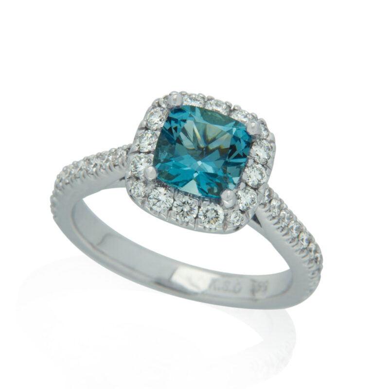 Blue Zircon and Diamond Halo Ring