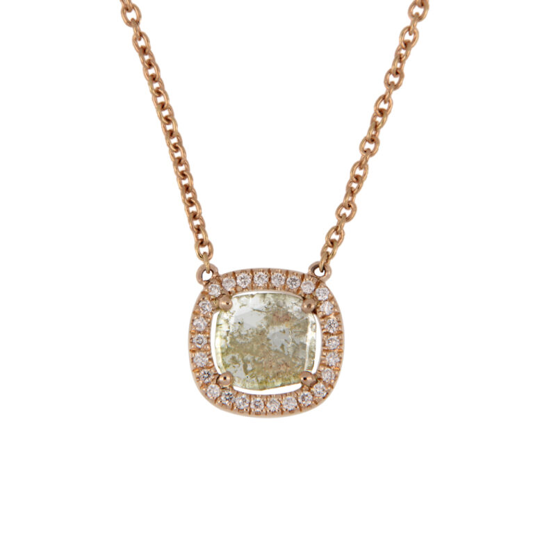 Diamond Slice Set in a Diamond Set Rose Gold Pendant and Chain