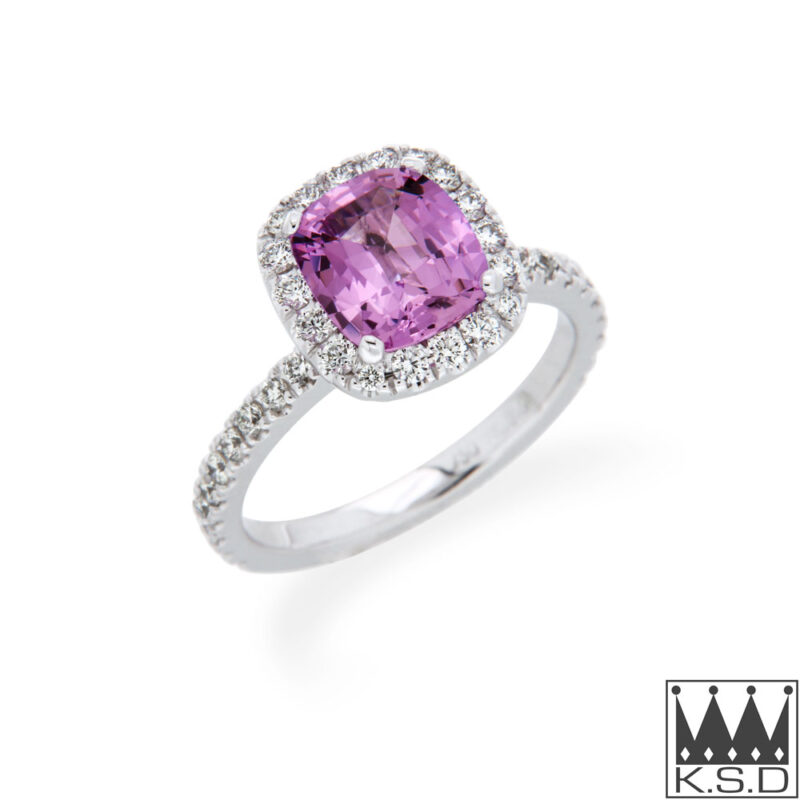 Cushion Pink Sapphire and Diamond Halo Ring