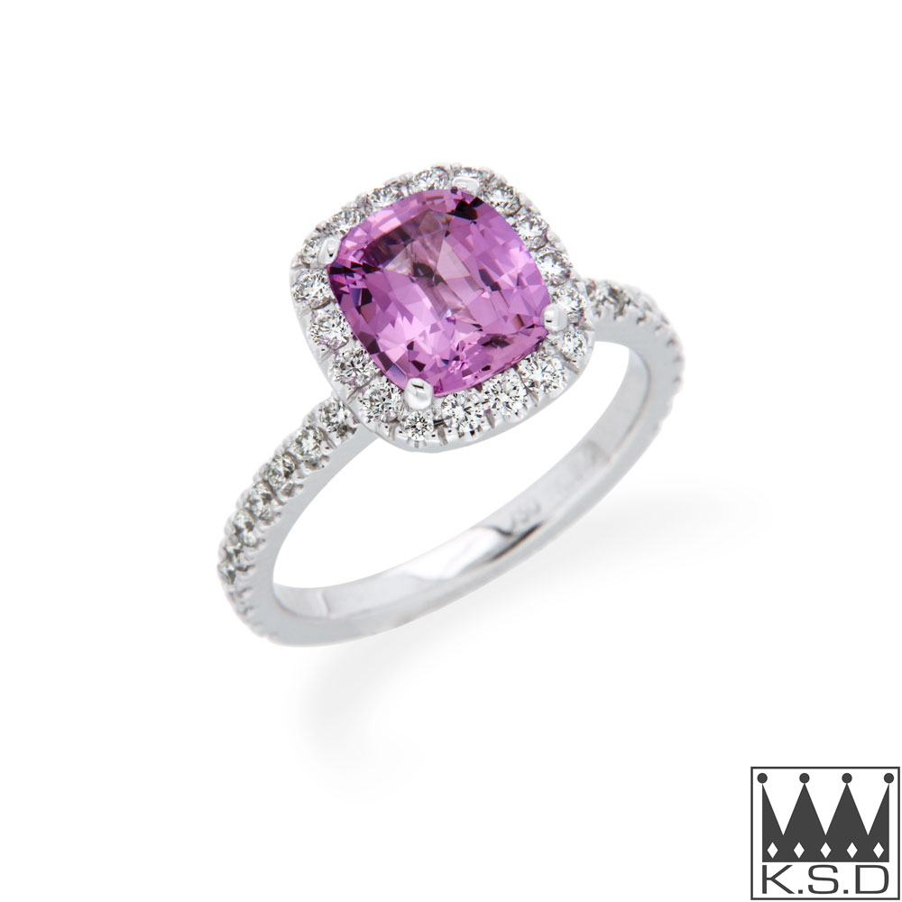 Cushion Pink Sapphire and Diamond Halo Ring