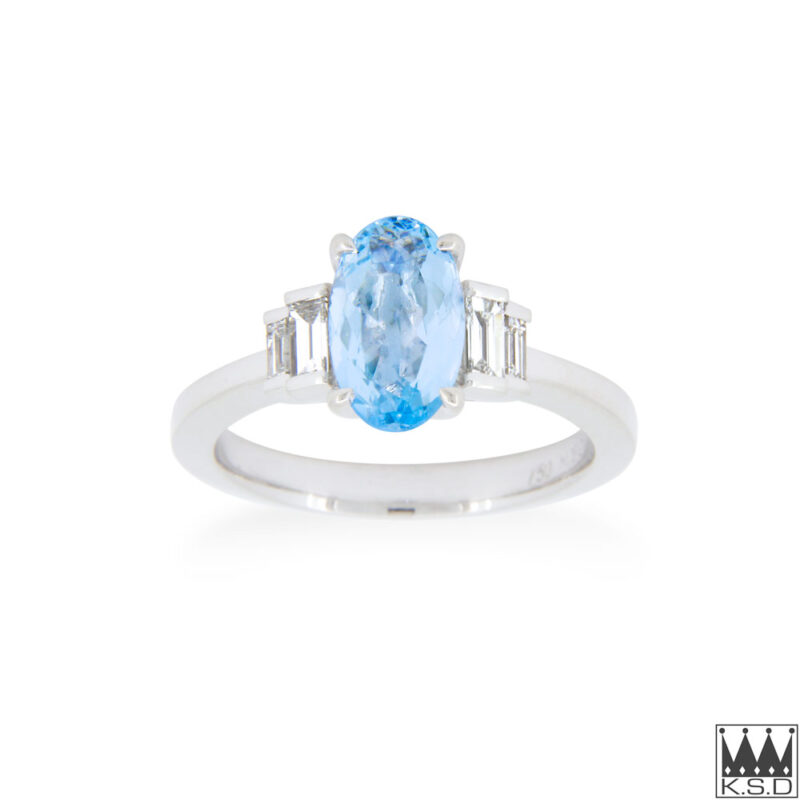 Aquamarine and Diamond Five Stone Gold Ring