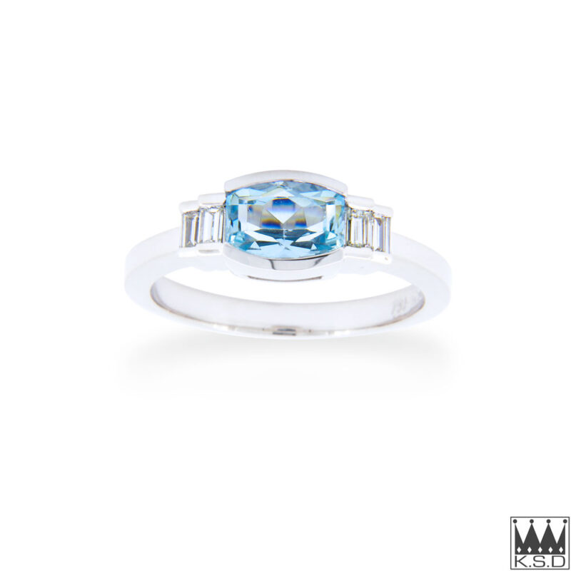 Aquamarine and Diamond Five Stone Gold Ring