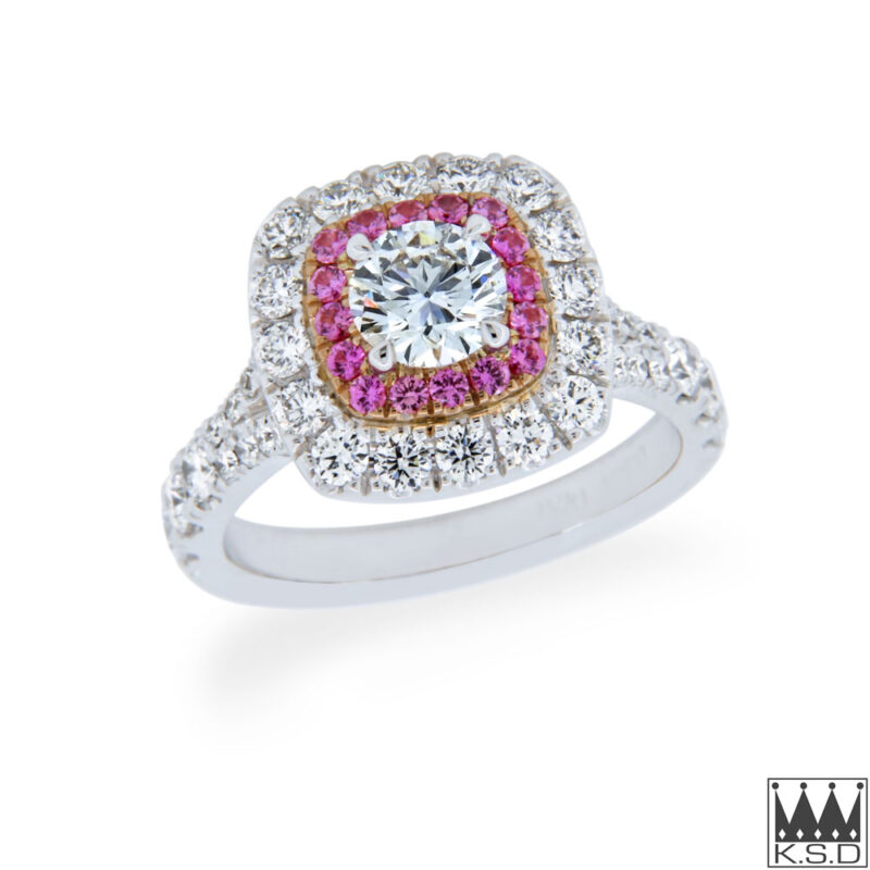 Double Halo Diamond and Pink Sapphire Engagement Ring