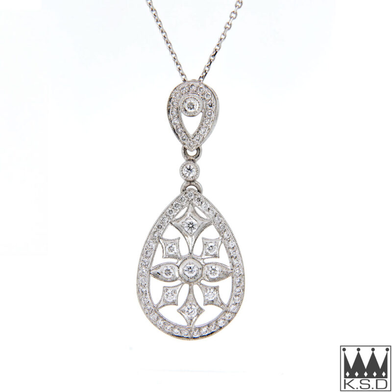 Art Deco Pave and Mill grain 18ct White Gold Diamond Pendant