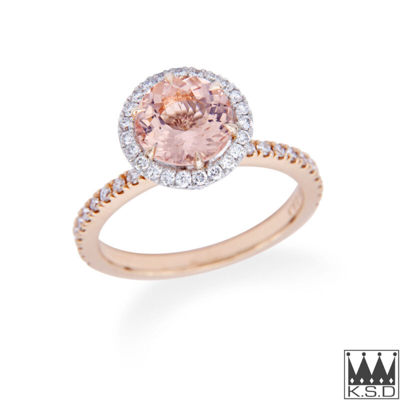 Morganite and Diamond Halo Rose Gold Ring