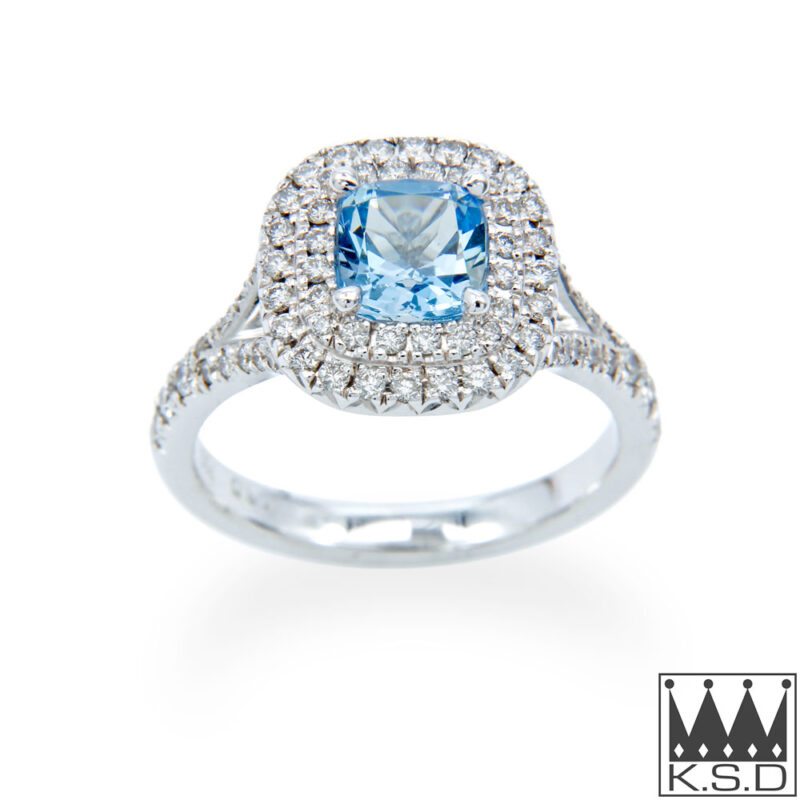 Double Halo Aquamarine and Diamond Ring