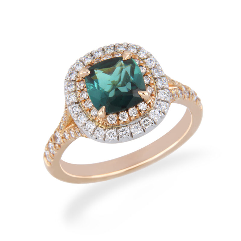 Green Tourmaline and Diamond Double Halo Ring