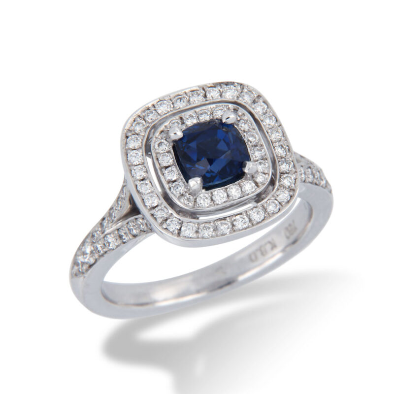 Double Diamond Halo and Sapphire Ring