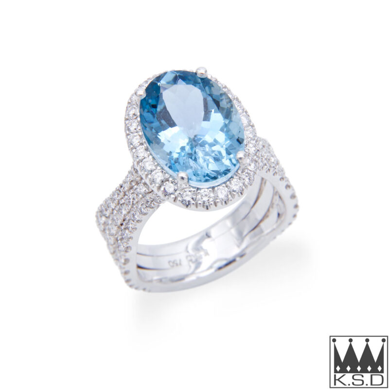 Aquamarine and Diamond Halo Ring