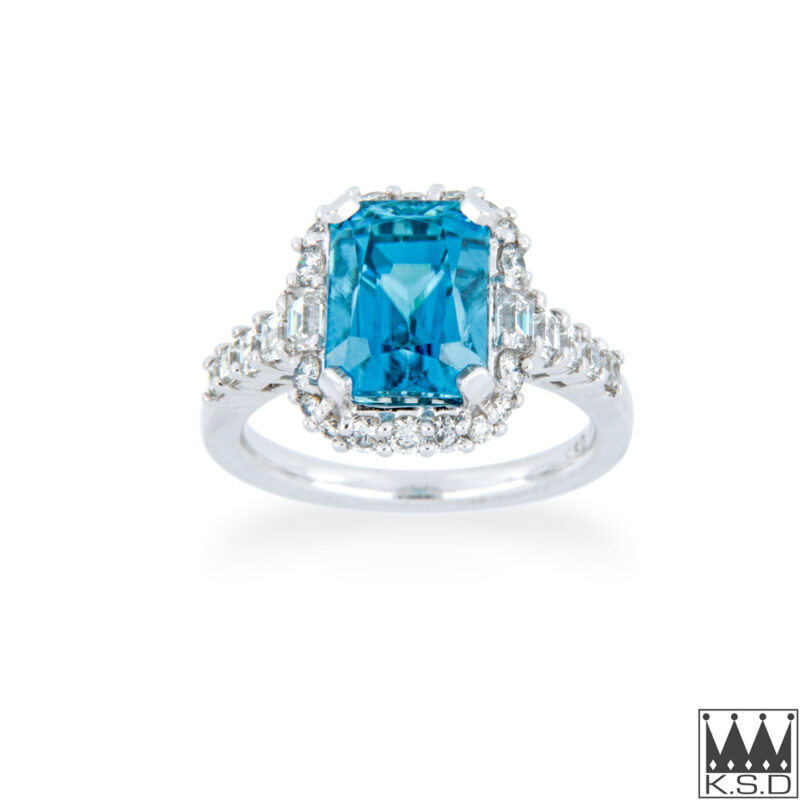 Blue Zircon, Round and Asscher Cut Diamond Ring