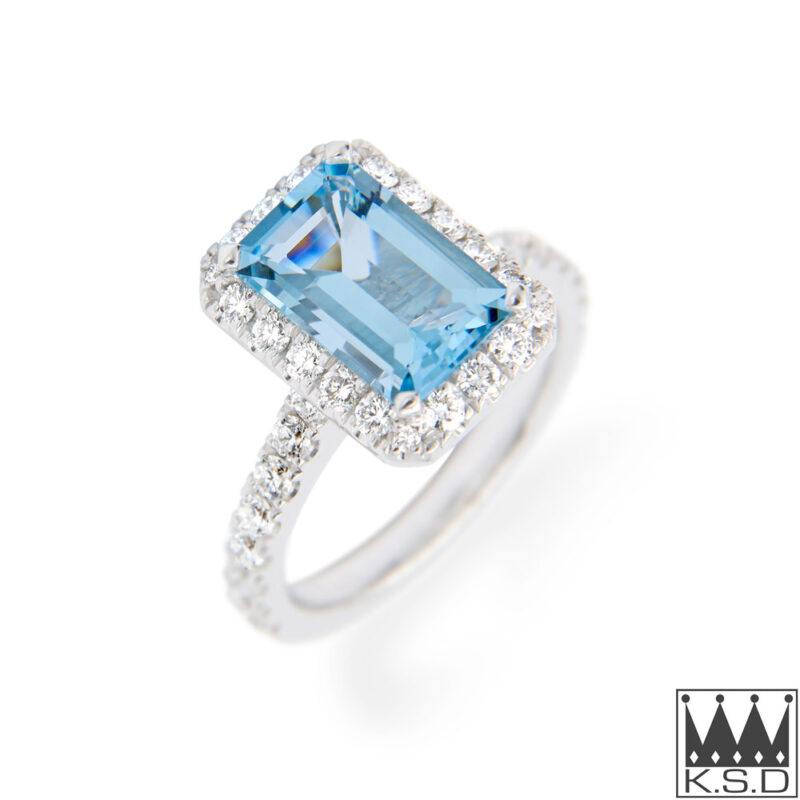 Aquamarine and Diamond Halo Ring