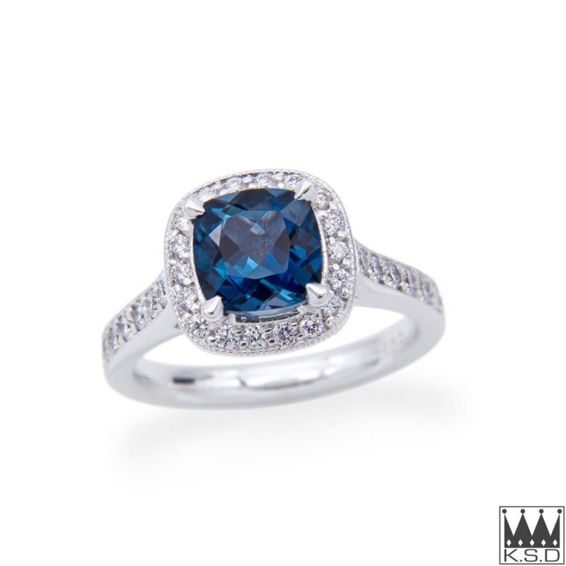 London Blue Topaz and Diamond Halo Ring