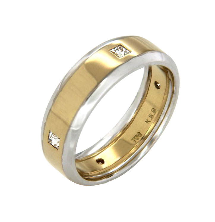 Rub-Over Princess Cut Diamonds In A Yellow and White Gold Wide Ring