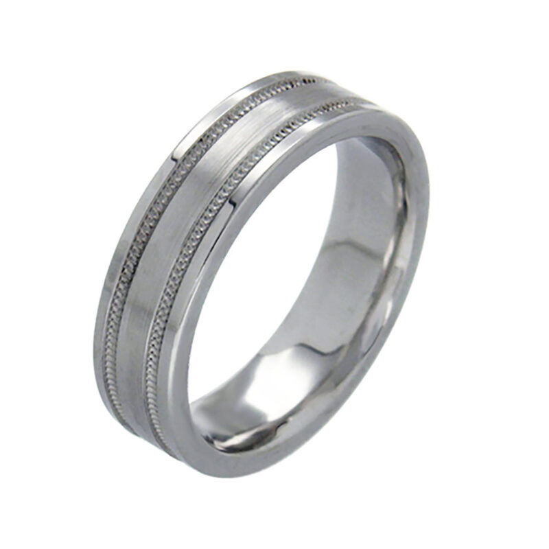 White Gold Brush and Mill Grain Finish Wide Ring