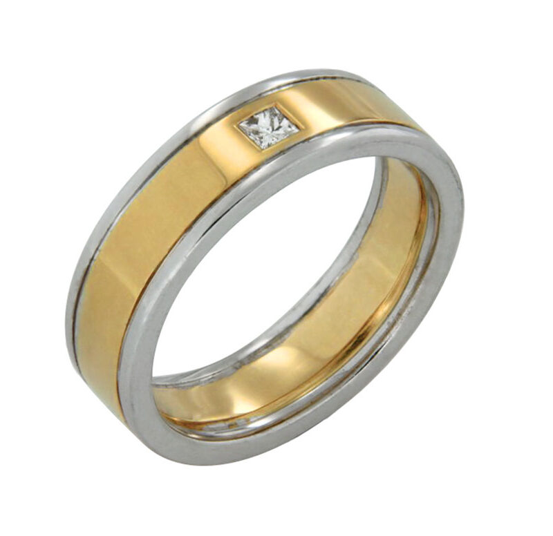 Rub-Over Princess Cut Diamond In A Yellow and White Gold Wide Ring