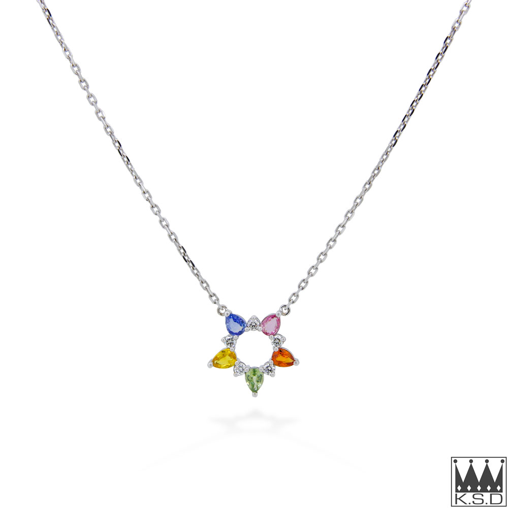 Diamond & Multi-Coloured Sapphire White Gold Pendant & Chain