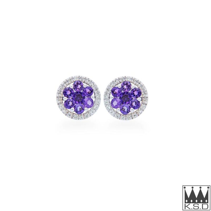 Amethyst Cluster and Diamond Halo Gold Stud Earrings