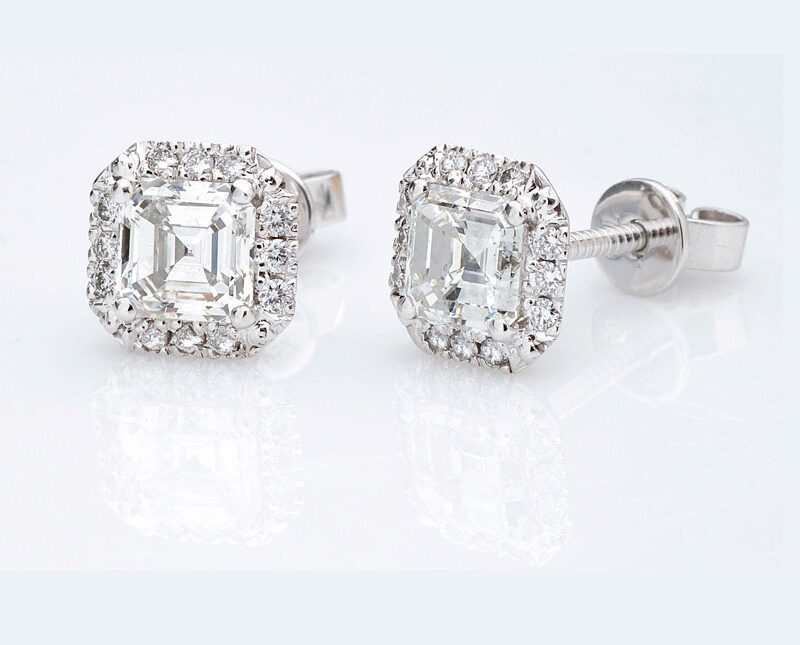 Asscher Cut Diamond Stud Halo Earrings