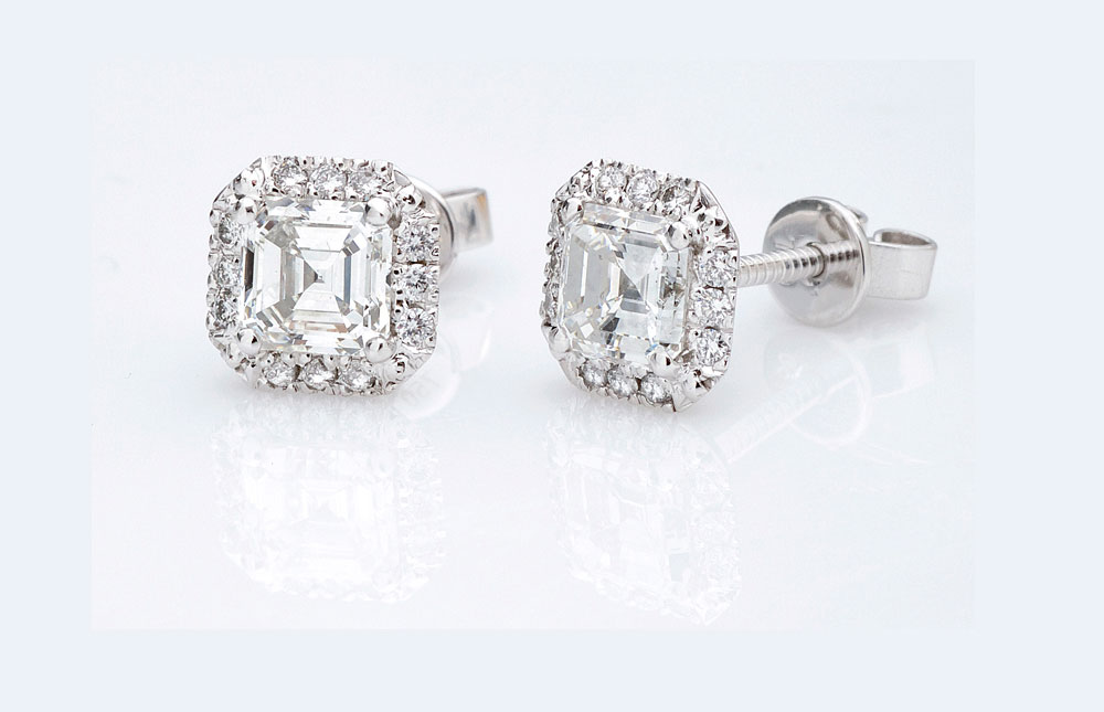Asscher Cut Diamond Stud Halo Earrings