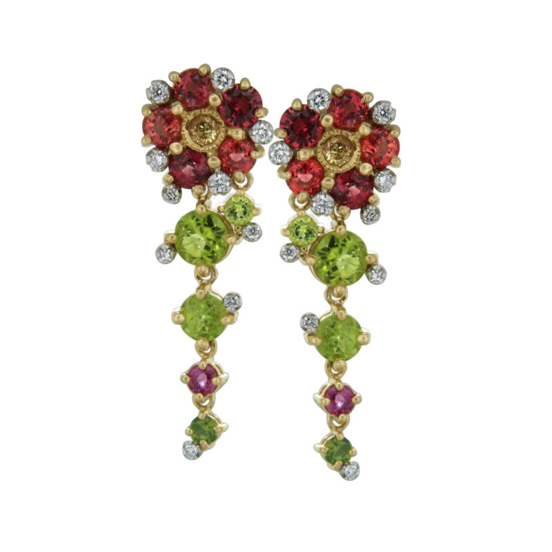 Peridot, Sapphire, Tourmaline and Diamond Flower Drop Earrings