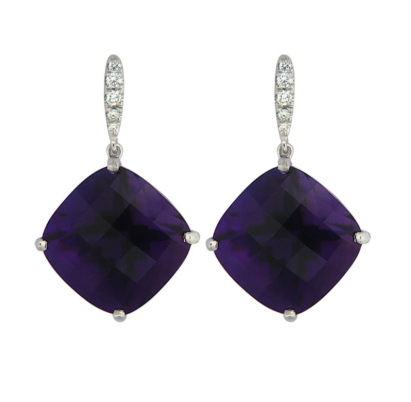 Chequered Cushion Cut Amethyst and Diamond Drop Earrings