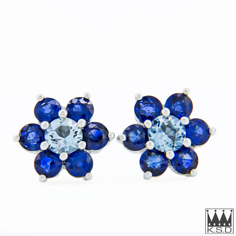 Aquamarine and Sapphire Cluster Stud Earrings